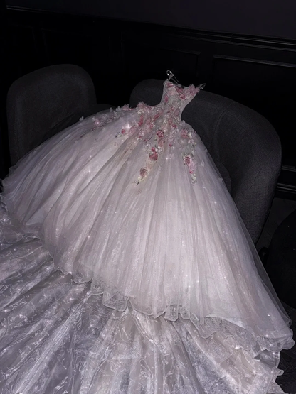 Glamorous Ball Gown Strapless White Floral Tulle Sequin Long Wedding Dress Bridal Dress D4559