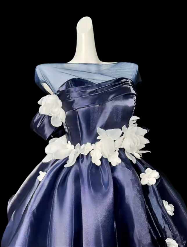 Fashion Navy Blue Off The Shoulder Satin Tulle Applique A Line Short Graduation Homecoming Dress,Mini Birthday Dress D4198