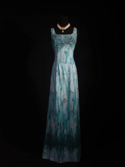 Vintage Square Neck Blue Chiffon Beaded Long Prom Dress Birthday Party Dress D2259