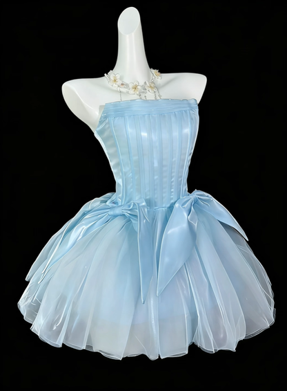 Sweet Blue Tulle Bow A Line Short Homecoming Dress,Strapless Mini Party Dress D4189