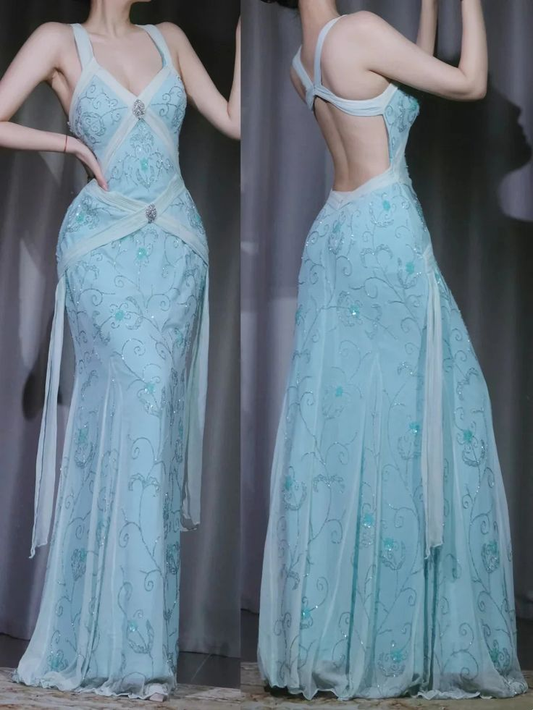 Classy Light Blue V Neck Chiffon Beaded Mermaid Long Party Dress Backless Evening Gown D1910