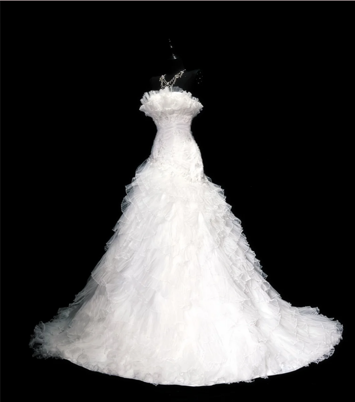 Classy Strapless White Tulle Appliques Layered Mermaid Long Wedding Guest Dress Formal Bridal Dress D1829