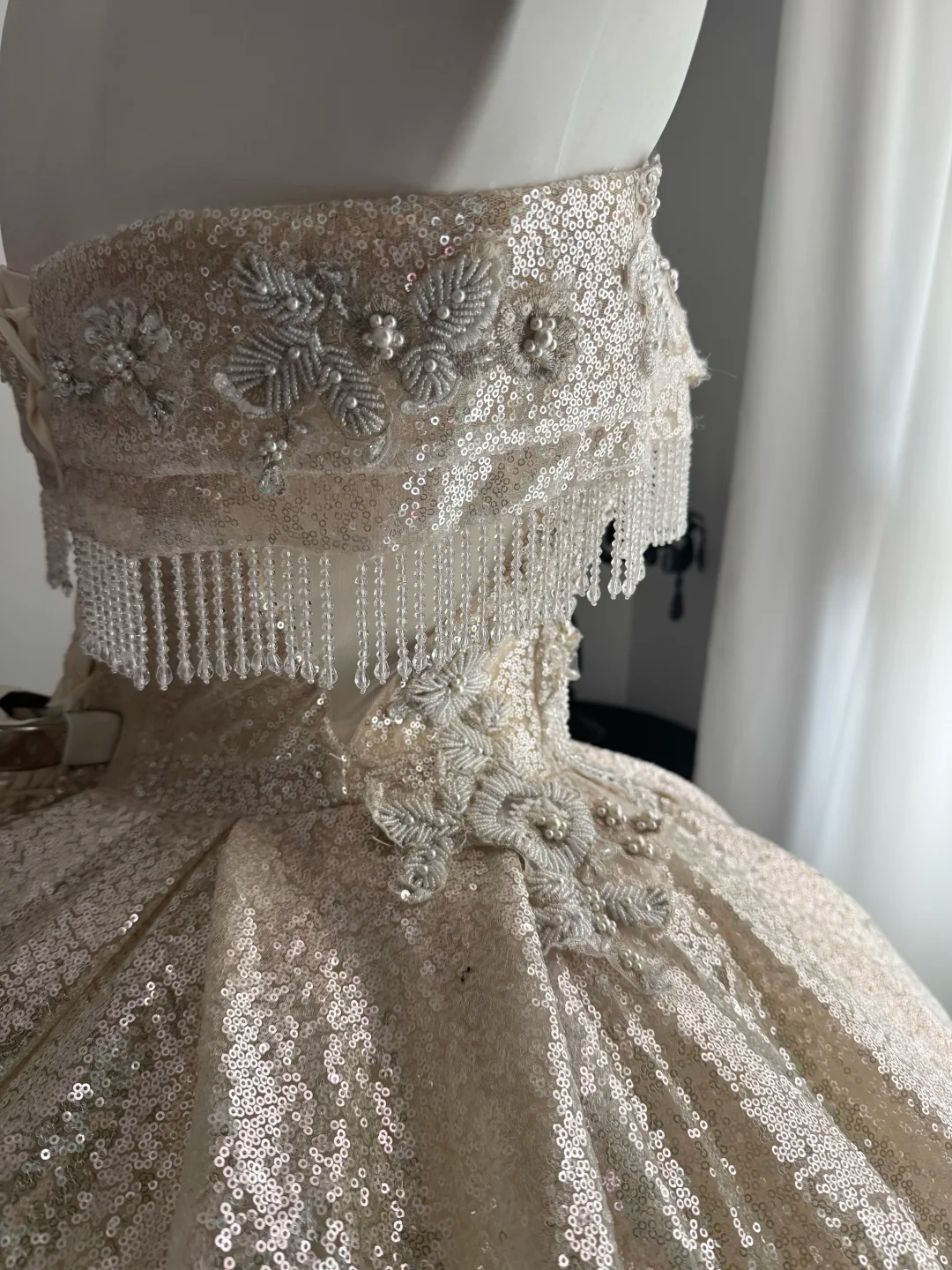 Sparkly Light Champagne Sequin Beaded Floral Sweet 15 Dress,Off The Shoulder Quinceanera Dress D3711