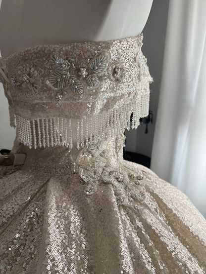 Sparkly Light Champagne Sequin Beaded Floral Sweet 15 Dress,Off The Shoulder Quinceanera Dress D3711