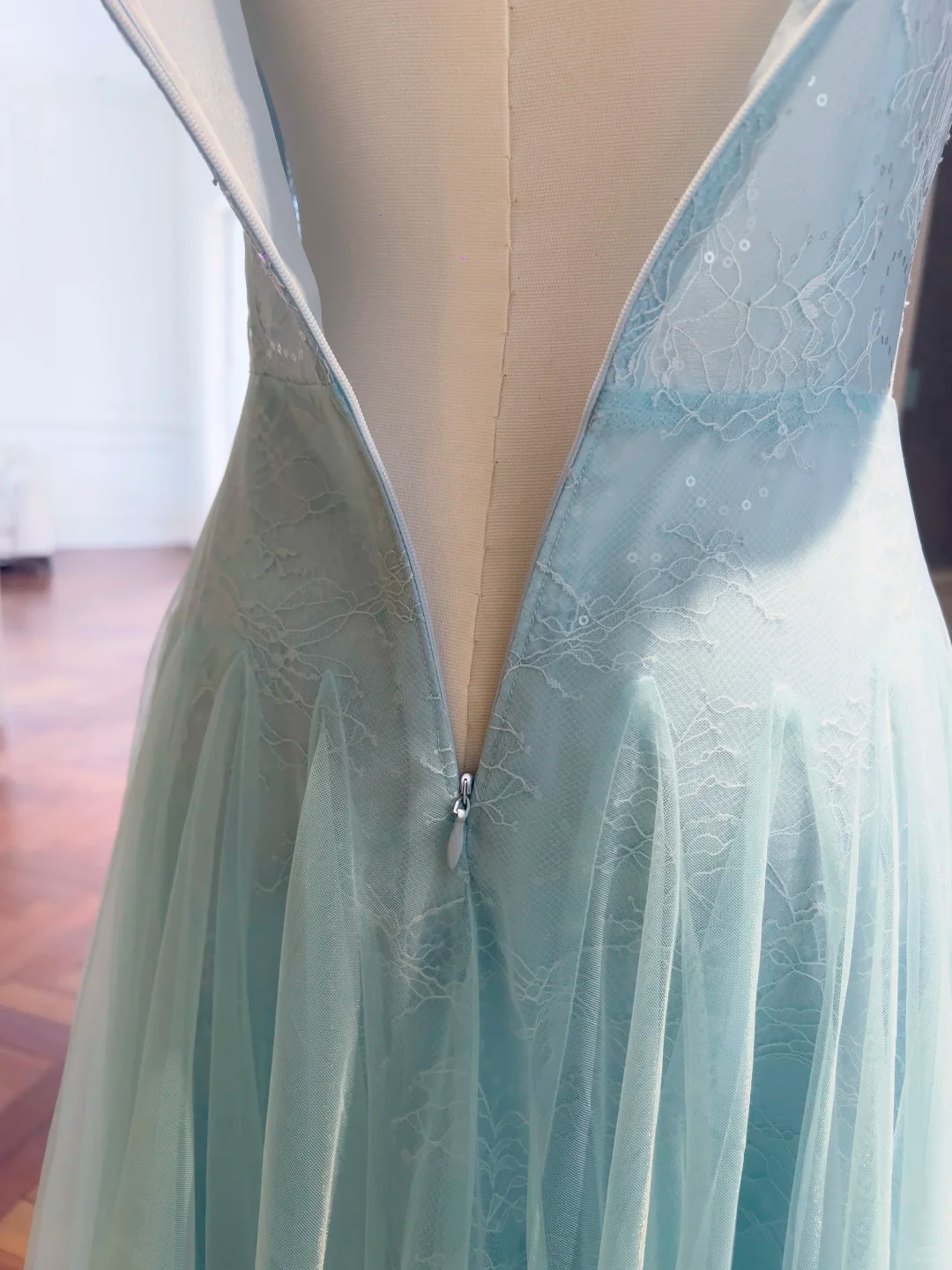 Classy Spaghetti Straps Tulle Lace A Line Evening Dress,Blue Long Wedding Guest Dress D2984