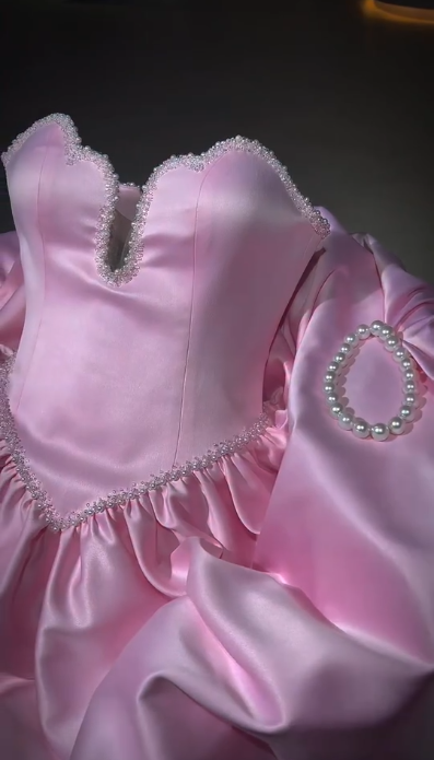 Pretty Sweetheart Neck Pink Satin Beaded A Line Long Party Dress Birthday Prom Dress D3738