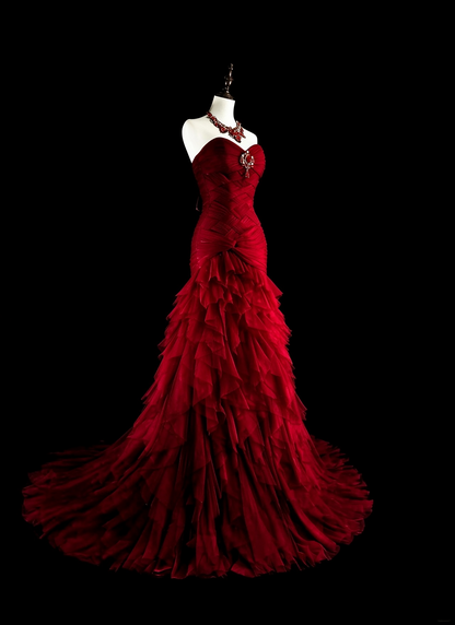Charming Strapless Tulle Pleated Ruffles Mermaid Long Prom Dress Burgundy Evening Dress D5386