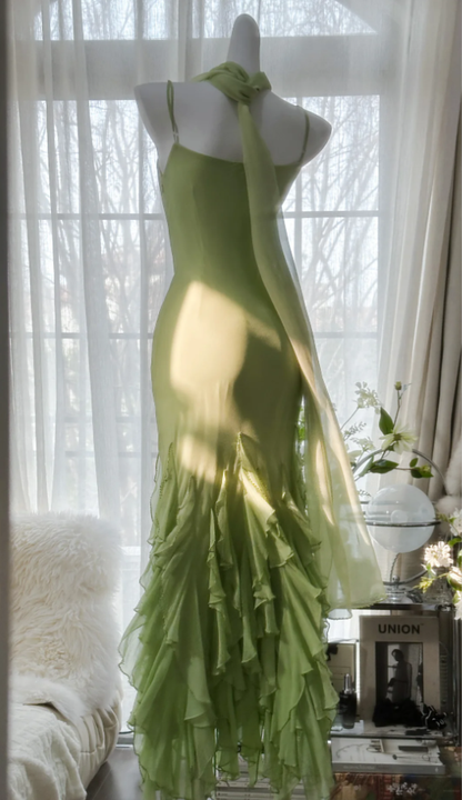 Beautiful Green Spaghetti Straps Chiffon Ruffles Mermaid Long Party Dress Birthday Prom Dresses D1791
