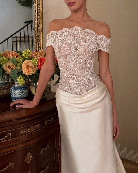 Pretty Off The Shoulder White Satin Lace Mermaid Long Wedding Dress Without Veil D3897