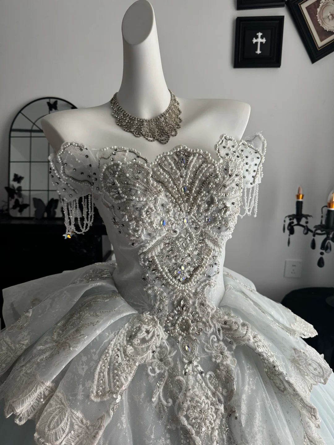 Glamorous Ice Blue Off The Shoulder Tulle Beaded Wedding Dress Formal Bridal Dress D3716
