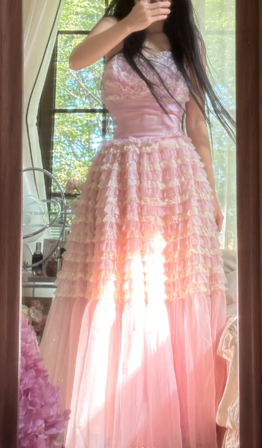 Sweet Strapless Pink Tulle Pleated A Line Long Party Dress Princess Birthday Prom Gowns D2309