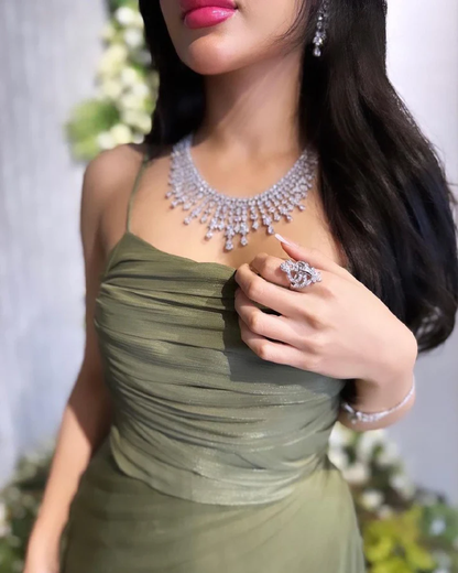 Chic Green Spaghetti Straps Tulle Pleated A Line Slit Evening Dress Long Prom Dress D1590
