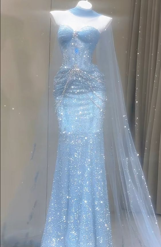 Glitter Sky Blue Strapless Tulle Sequin Beaded Mermaid Evening Dress Long Birthday Prom Dress Party Dress D1880