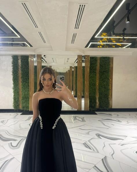 Pretty Strapless Black Velvet Satin Beaded Long Birthday Party Dress Evening Dress D4579