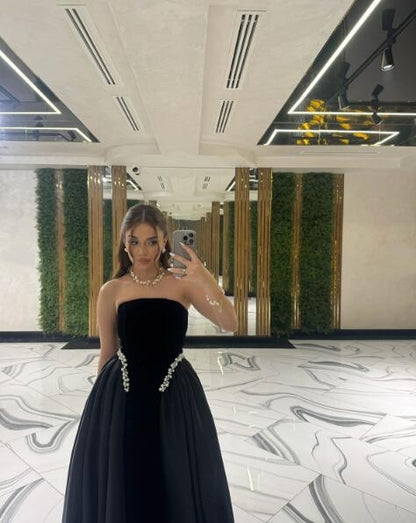 Pretty Strapless Black Velvet Satin Beaded Long Birthday Party Dress Evening Dress D4579