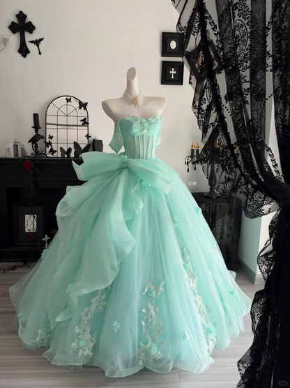 Pretty Green Quinceanera Dress Off The Shoulder Tulle Appliqued Beaded Ball Gown Sweet 15 Dress With Bow D4707