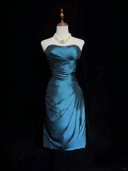 Simple Blue Satin Pleated Short 7th Grade Homecoming Dress,Strapless Sheath Mini Birthday Outfits D3375