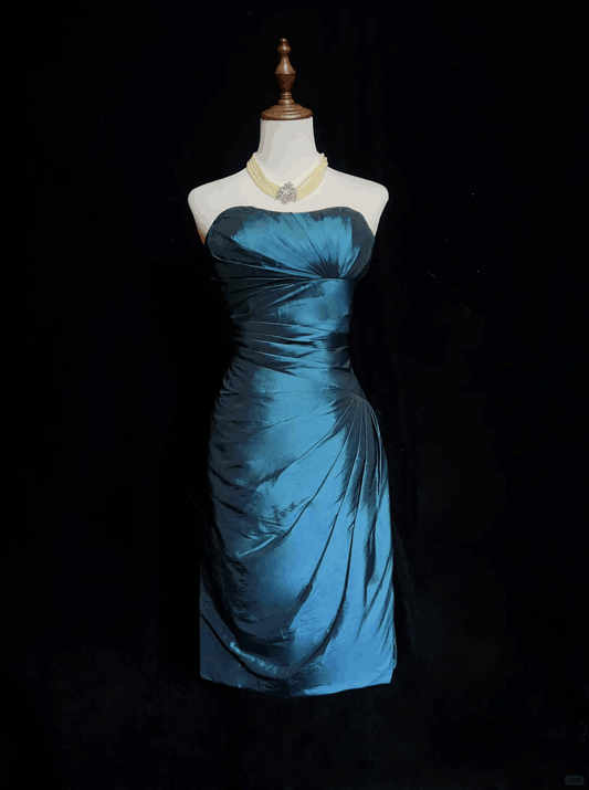 Simple Blue Satin Pleated Short 7th Grade Homecoming Dress,Strapless Sheath Mini Birthday Outfits D3375