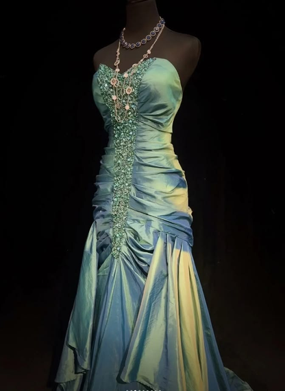 Fashion Sweetheart Neck Green Satin Pleated Beaded Mermaid Long Party Dress Evening Dress D4791