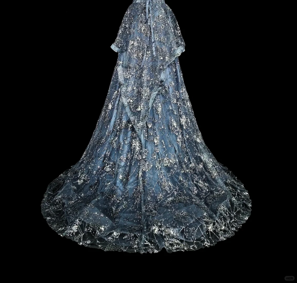 Charming Spaghetti Straps Tulle Sequin Long Prom Dress Blue Evening Dress D5383