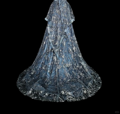 Charming Spaghetti Straps Tulle Sequin Long Prom Dress Blue Evening Dress D5383