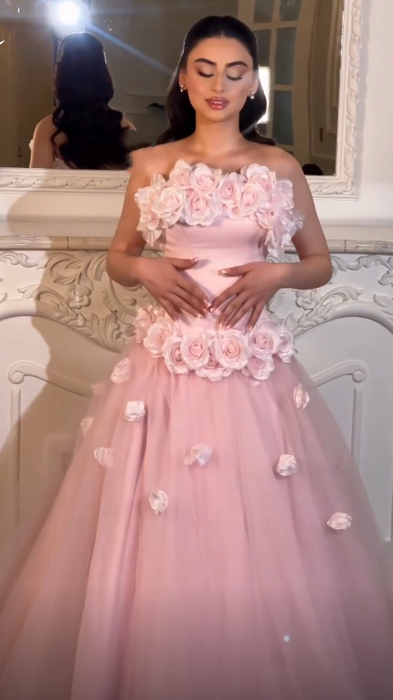Elegant Pink Strapless 3D Floral Tulle Long Party Dress Evening Dress D3737