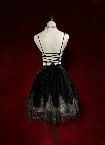 Shiny Spaghetti Straps Velvet Lace Beaded A Line Short Birthday Outfits,Black Short Graduation Homecoming D3368