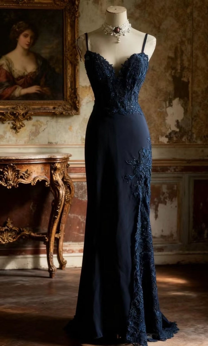 Vintage Spaghetti Strap Navy Blue Satin Appliques Mermaid Long Wedding Guest Dress Birthday Evening Dress D1979