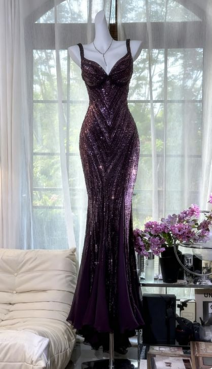 Vintage V Neck Dark Purple Chiffon Sequin Mermaid Long Party Gown Evening Dress D980