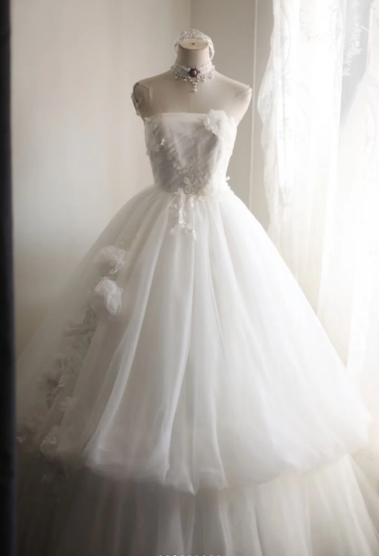 Fairy Strapless Tulle Appliqued Ball Gown White Long Wedding Dress D2323