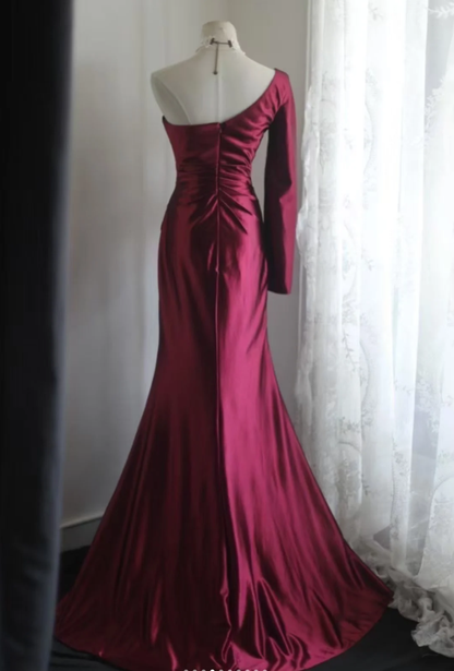 Vintage Burgundy One Shoulder Satin Pleated Long Wedding Guest Dress Formal Slit Party Dress D2325