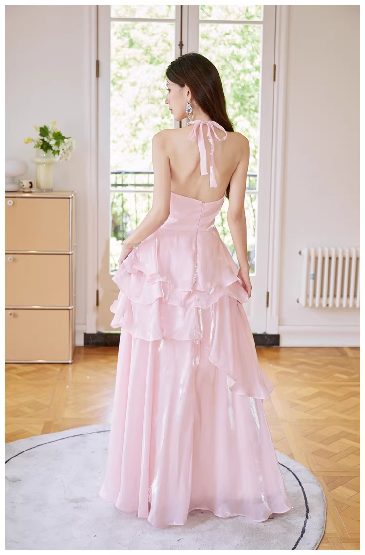 Classy Halter Pink Satin Ruffles Long Birthday Party Dress Evening Dress D2428