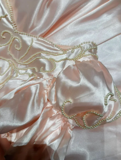 Cute Pink Ball Gown Satin Beaded Long Party Dress Prom Gown With Bow D2041