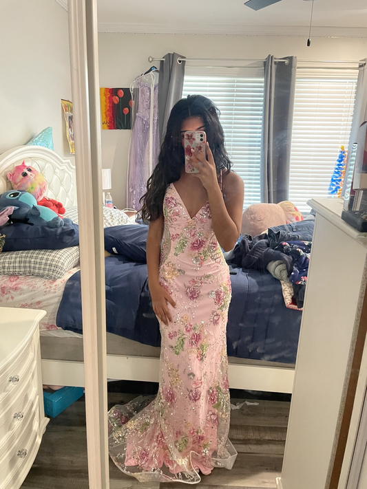 Glamorous Pink Spaghetti Straps Tulle Sequin Floral Mermaid Evening Dress Long Prom Gown D3422