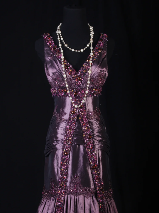 Vintage Purple V Neck Satin Beaded Mermaid Evening Dress Long Birthday Party Gown D2232