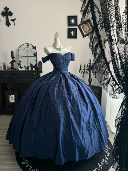 Vintage Off The Shoulder Quinceanera Dress,Navy Blue Satin Appliques Sweet 16 Dress D3705