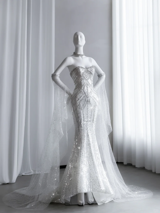 Beautiful White Tulle Sequin Beaded Mermaid Long Wedding Dress D5085