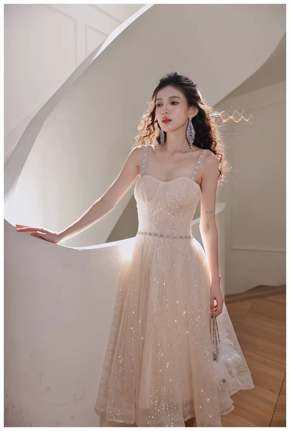 Elegant Light Champagne Tulle Sequin Beaded A Line Mid Length Birthday Prom Dress Evening Gown D2443