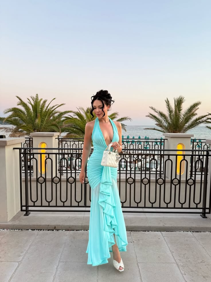 Sexy Halter V Neck Tiffany Blue Chiffon Pleated Mermaid Long Prom Dress Party Gown D4803