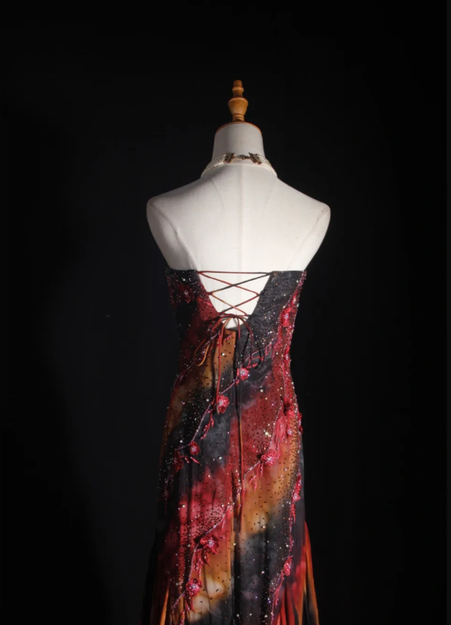 Vintage Embroidered Floral Chiffon Ruffle Mermaid Evening Dress Strapless Long Party Dress D2260