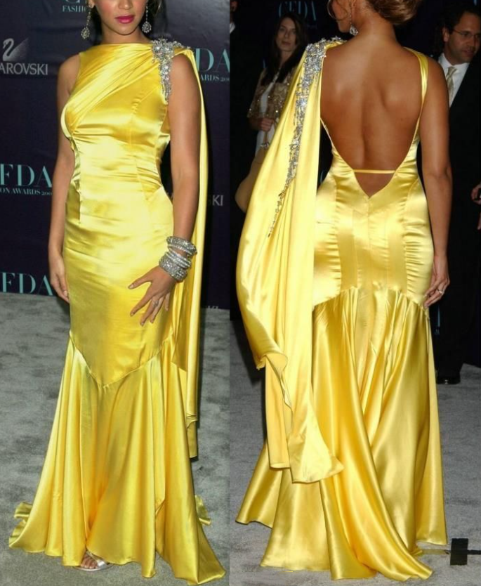 Fashion Yellow Satin Beaded Mermaid Long Party Dress Backless Evening Gown D4748