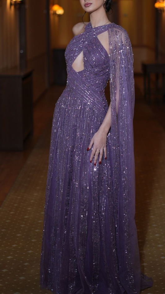 Shiny Purple Tulle Sequin Beaded A Line Long Wedding Guest Dress Formal Birthday Party Dress Evening Dress D1925