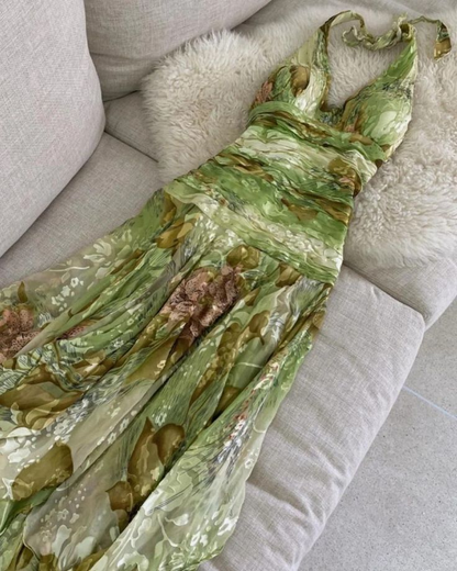 Vintage Halter Green Chiffon Print Floral Mermaid Long Evening Dress Birthday Dress D2970