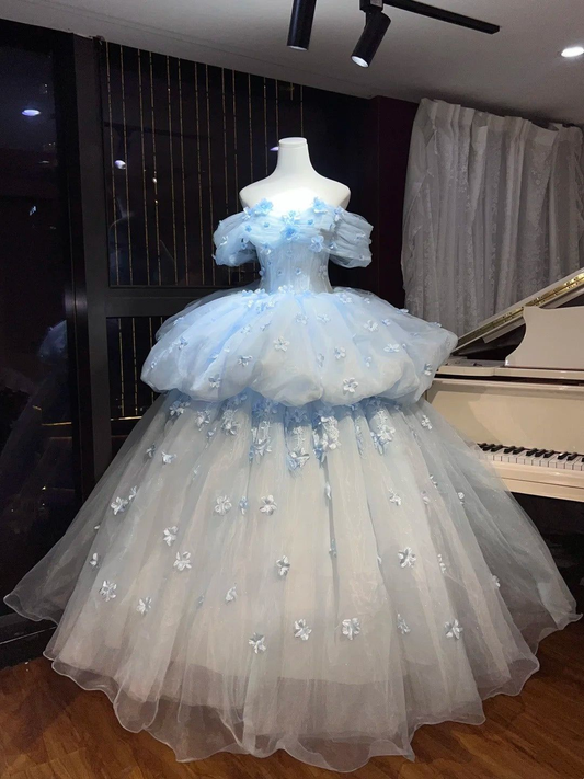 Elegant Off The Shoulder Blue Tulle Layered Appliques Ball Gown Sweet 16 Dress Quinceanera Dress D1884