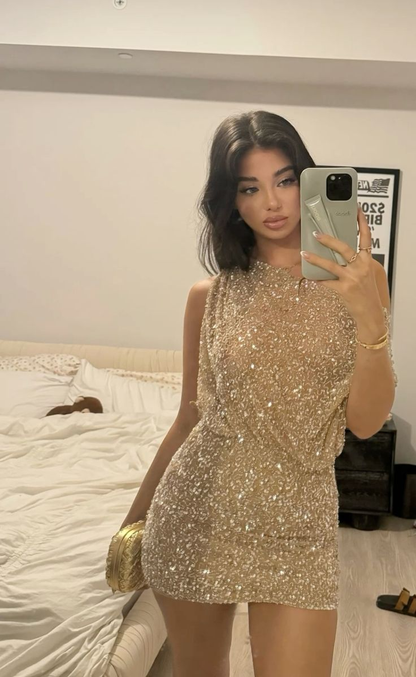 Fashion Champagne One Shoulder Sequin Sheath Short Birthday Outfits Homecoming Dress D3295