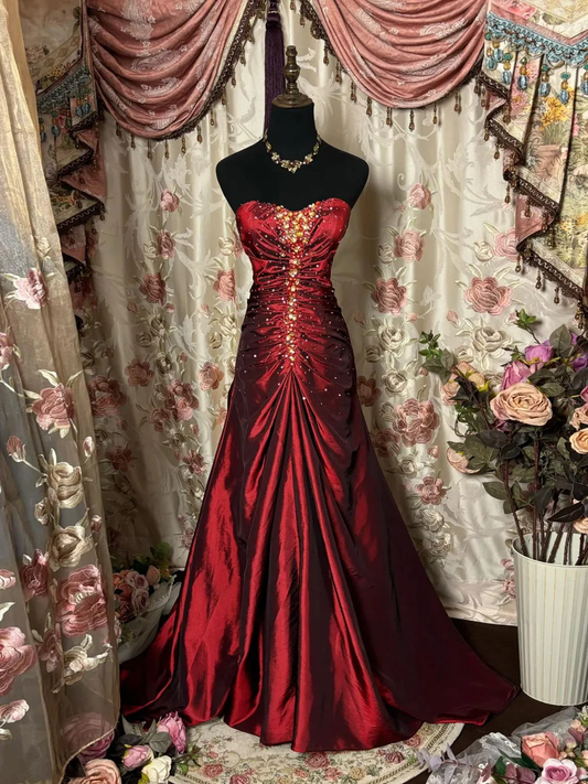 Pretty Burgundy Strapless Satin Beaded Mermaid Long Wedding Guest Dress Formal Birthday Party Dress Evening Gown D2014