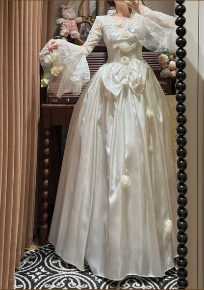 Charming Beaded Bow Satin Ball Gown White Long Wedding Dress D2033