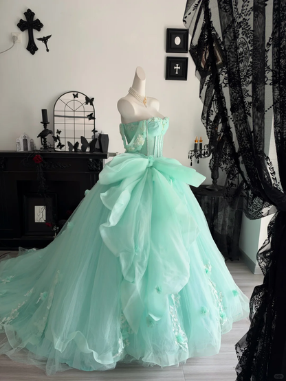 Pretty Green Quinceanera Dress Off The Shoulder Tulle Appliqued Beaded Ball Gown Sweet 15 Dress With Bow D4707