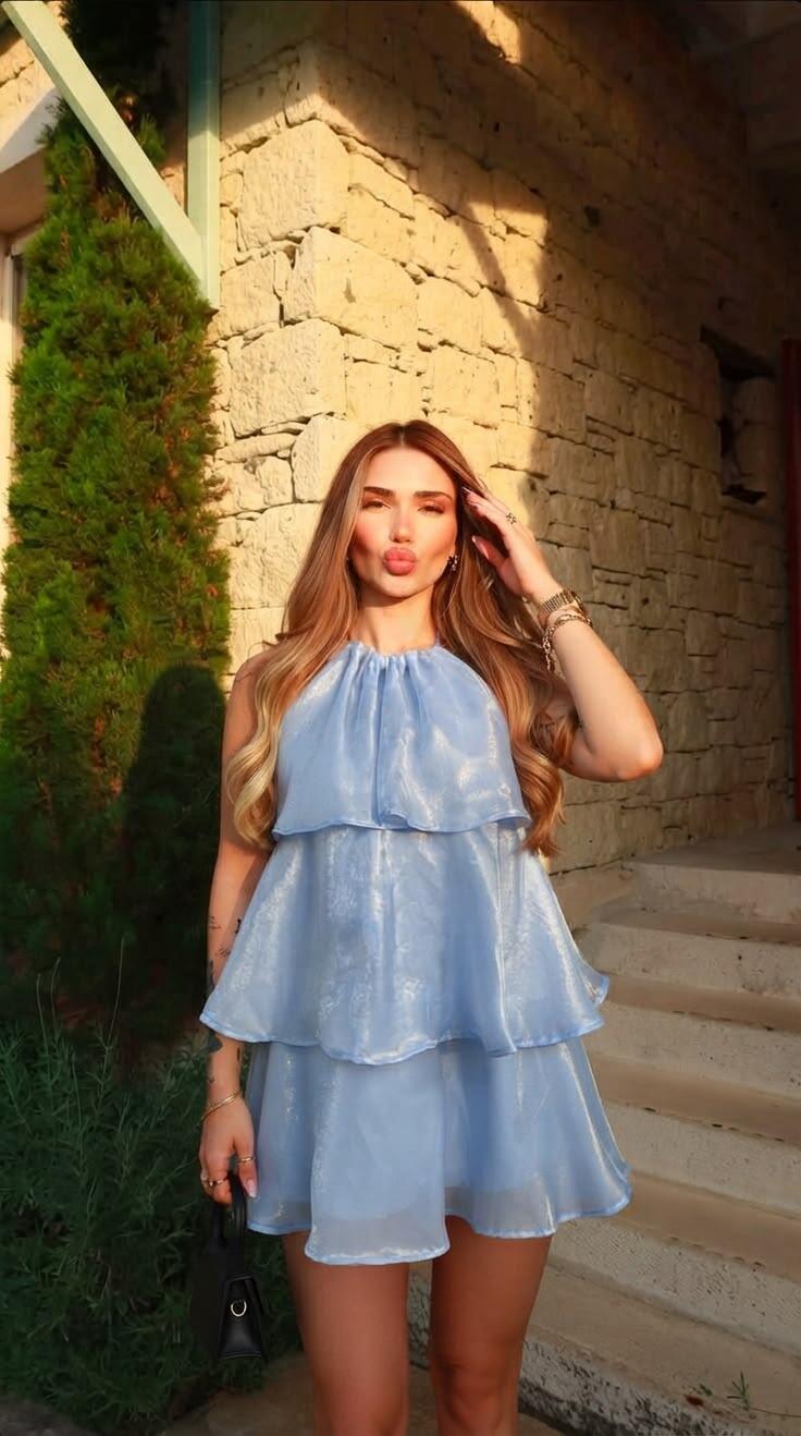 Classy Halter Blue Organza Layered A Line Short 6th Grade Homecoming Dress,Mini Birthday Dress D3887