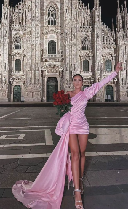 Charming One Shoulder Pink Satin Pleated Short 9th Grade Homecoming Dress,Formal 15th Birthday Outfits D3573